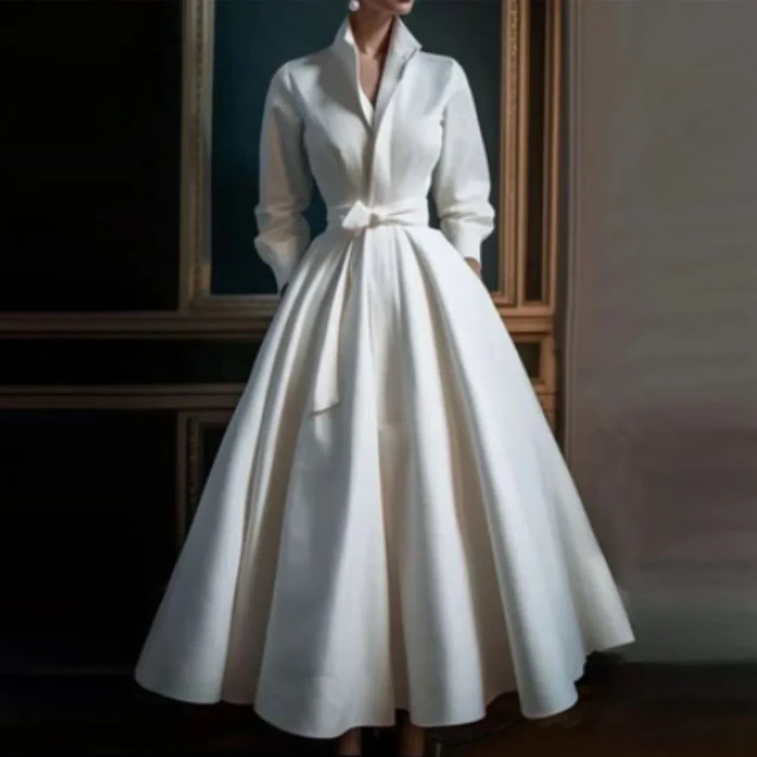 Women's Long Sleeve V-Neck A-Line Midi Dress with Belt - Fashinoza