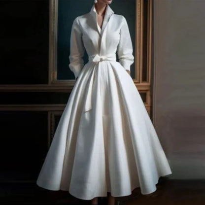 Women's Long Sleeve V-Neck A-Line Midi Dress with Belt - Fashinoza