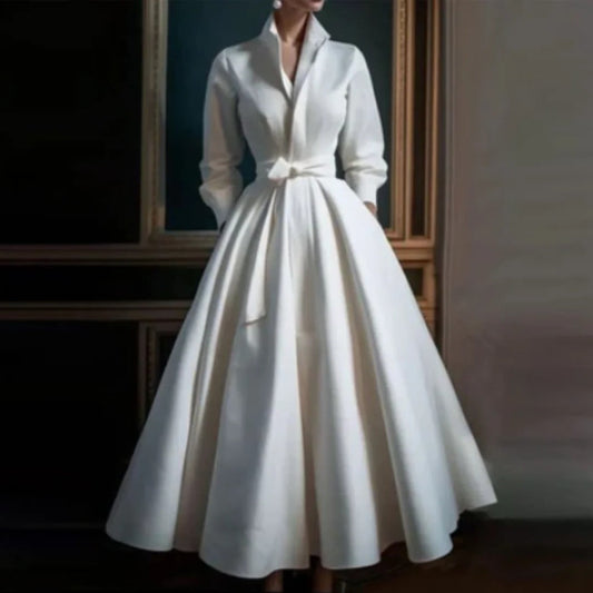 Women's Long Sleeve V-Neck A-Line Midi Dress with Belt - Fashinoza