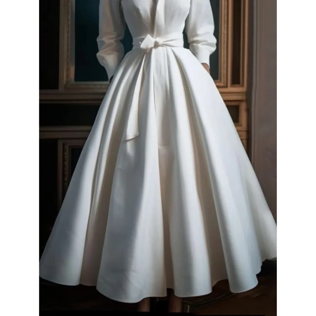 Women's Long Sleeve V-Neck A-Line Midi Dress with Belt
