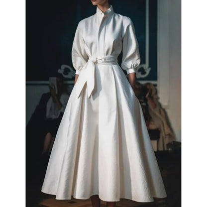 Women's Long Sleeve V-Neck A-Line Midi Dress with Belt