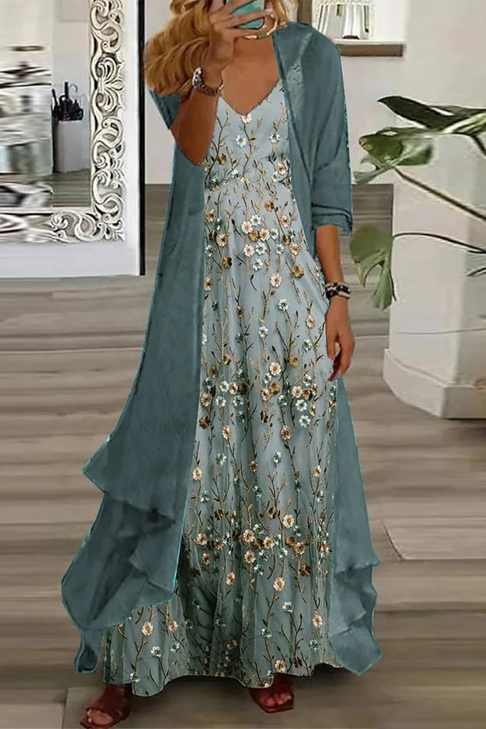 Women's Floral Maxi Dress Set V-Neck with Cardigan - Fashinoza