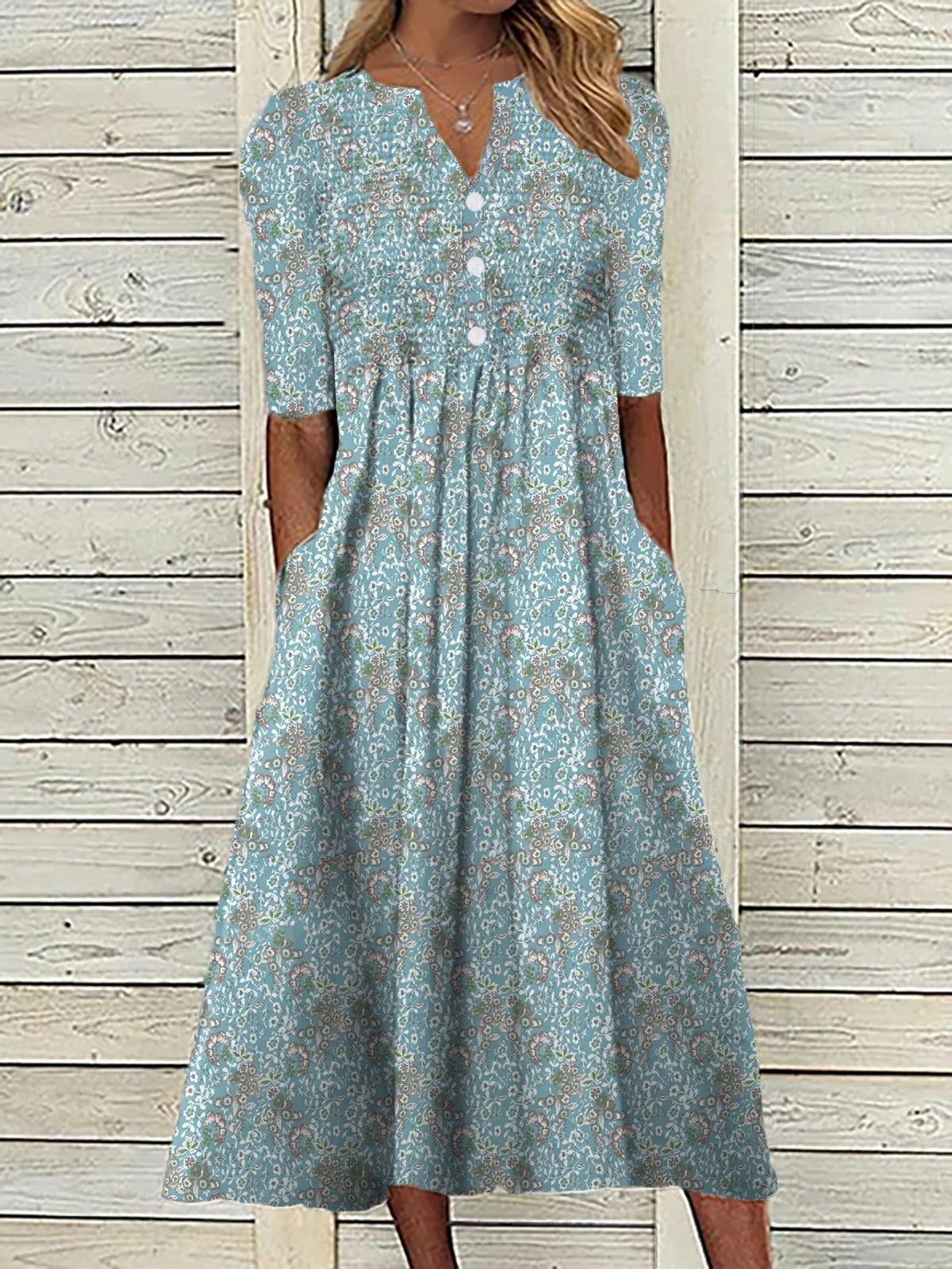 Women's Floral V-Neck Midi Swing Dress - Fashinoza