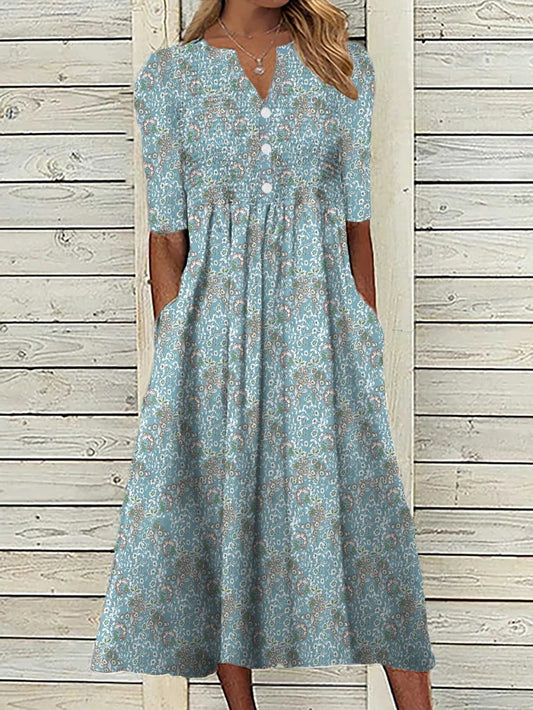 Women's Floral V-Neck Midi Swing Dress - Fashinoza