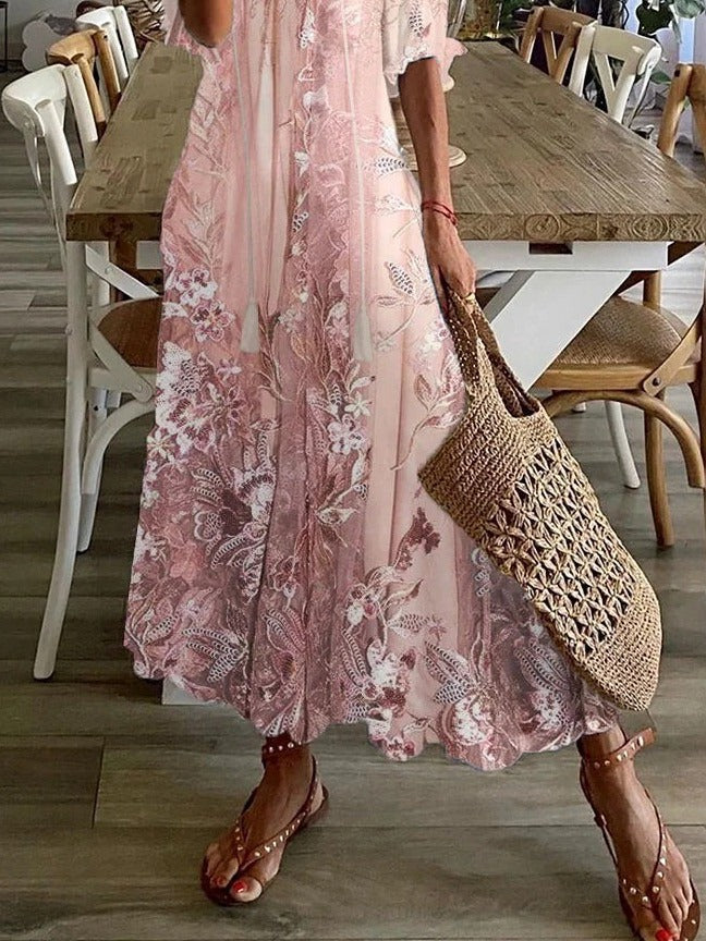 Women's Floral Maxi Dress V-Neck Half Sleeve Loose Fit