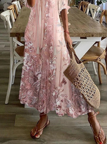Women's Floral Maxi Dress V-Neck Half Sleeve Loose Fit