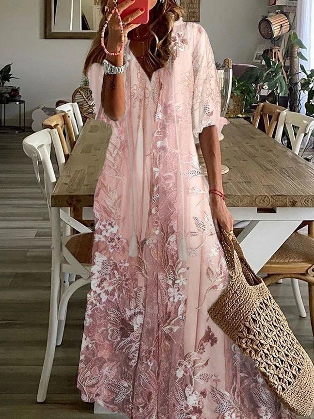 Women's Floral Maxi Dress V-Neck Half Sleeve Loose Fit