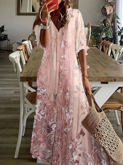 Women's Floral Maxi Dress V-Neck Half Sleeve Loose Fit