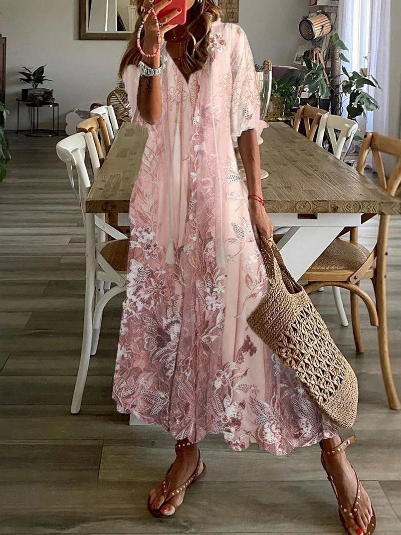 Women's Floral Maxi Dress V-Neck Half Sleeve Loose Fit - Fashinoza