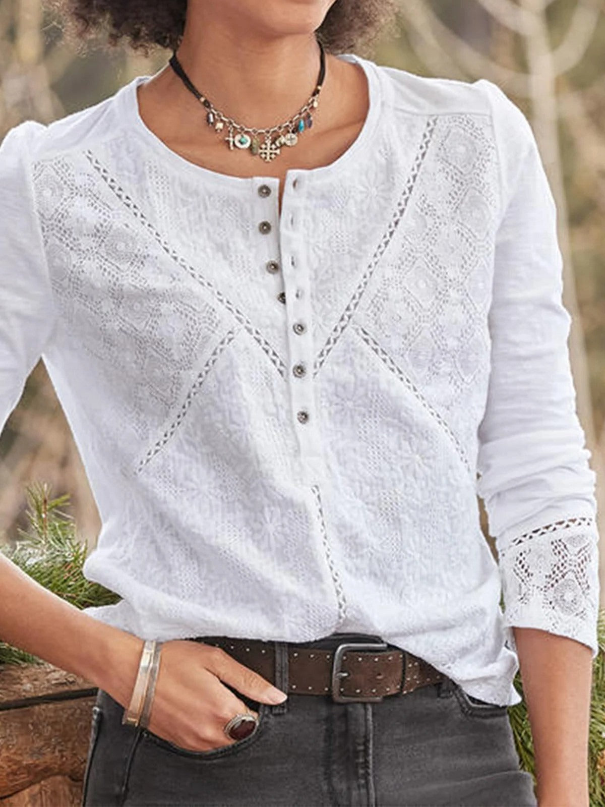 Women's Lace Henley Long Sleeve - Fashinoza