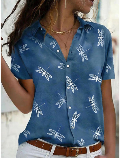 Women's Short Sleeve Button-Down Shirt Dragonfly Print