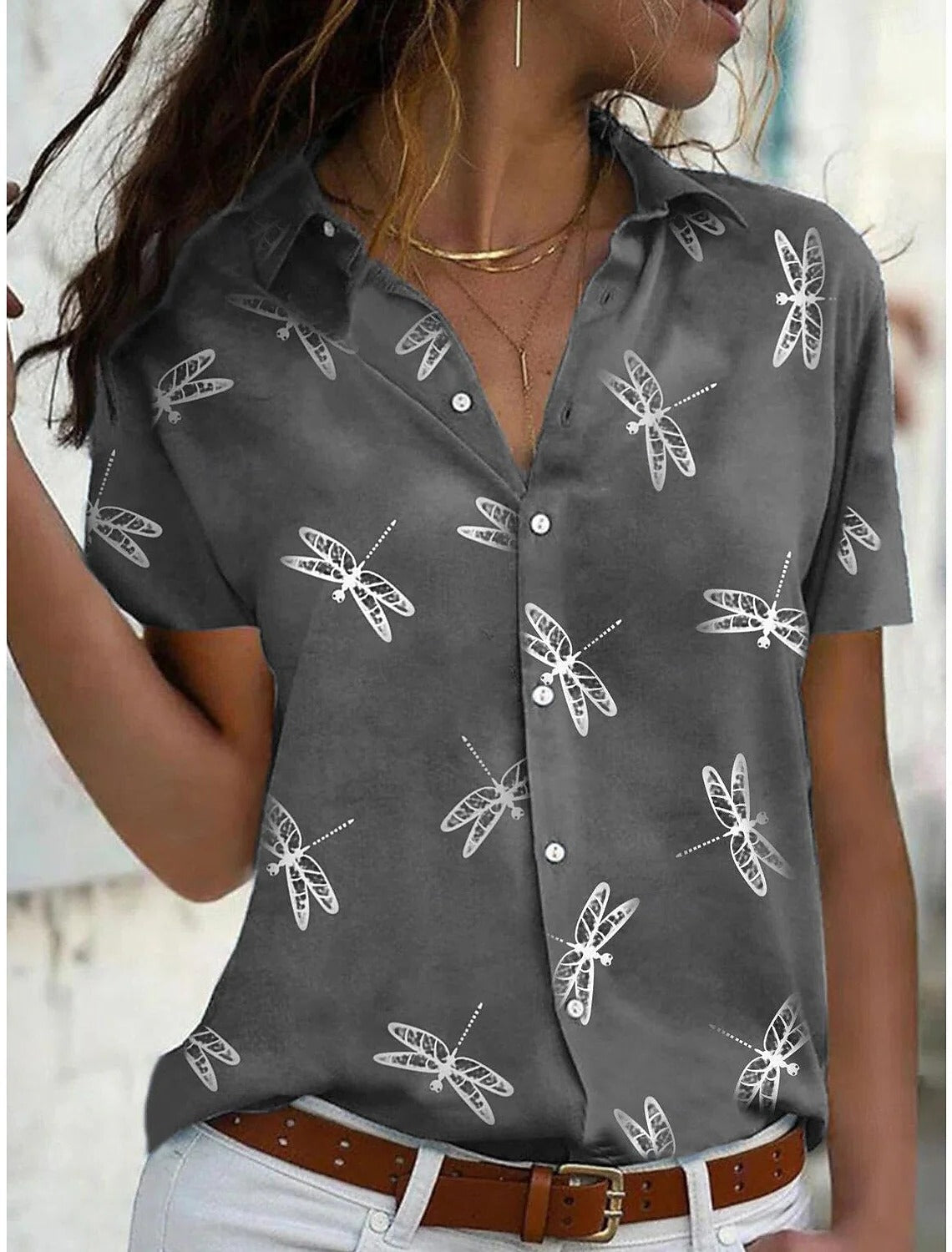 Women's Short Sleeve Button-Down Shirt Dragonfly Print