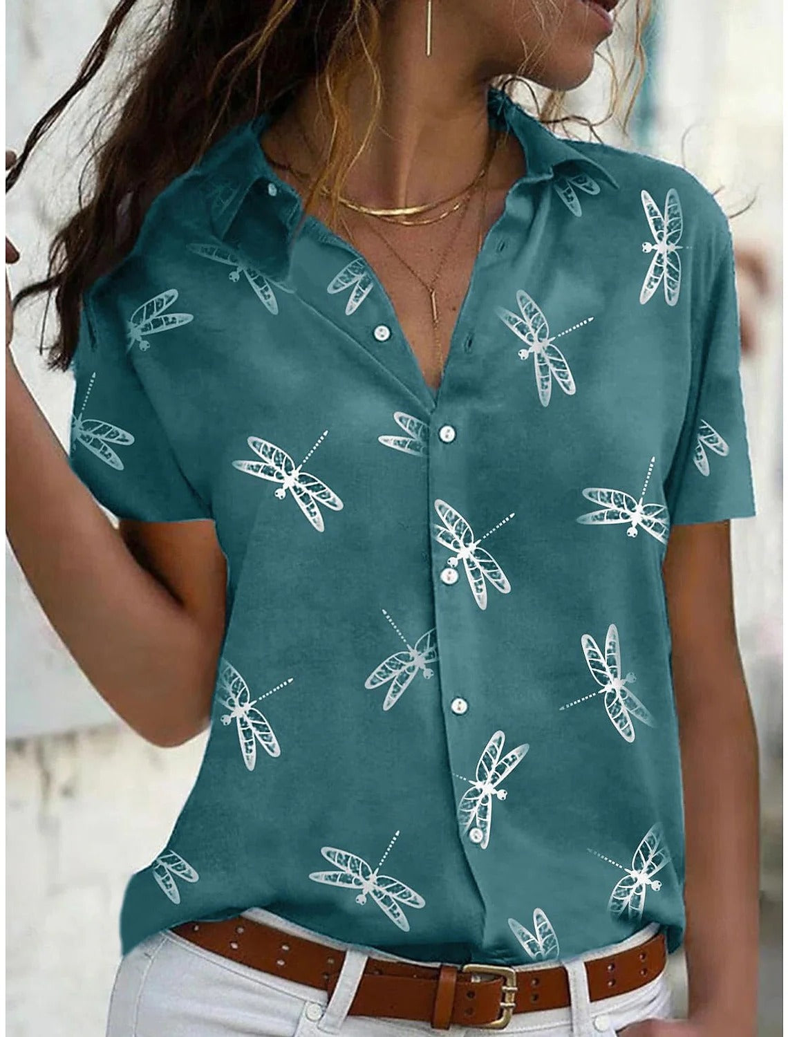 Women's Short Sleeve Button-Down Shirt Dragonfly Print