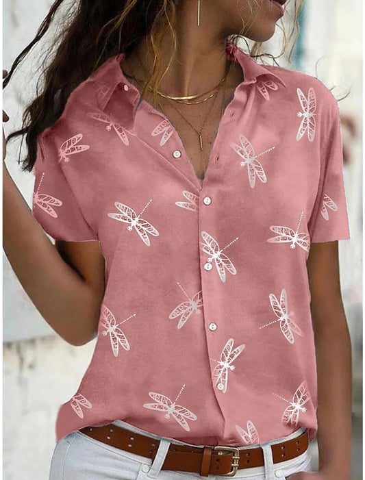 Women's Short Sleeve Button-Down Shirt Dragonfly Print - Fashinoza