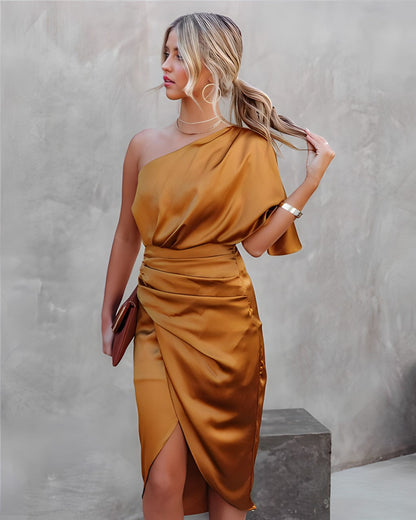 Women's Midi Dress One Shoulder Flutter Sleeve Black