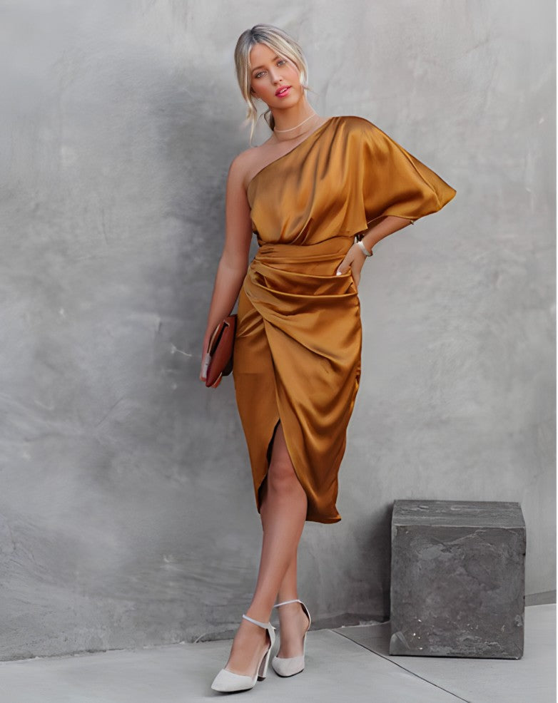 Women's Midi Dress One Shoulder Flutter Sleeve Black