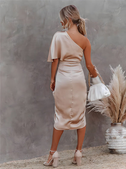 Women's Midi Dress One Shoulder Flutter Sleeve Black