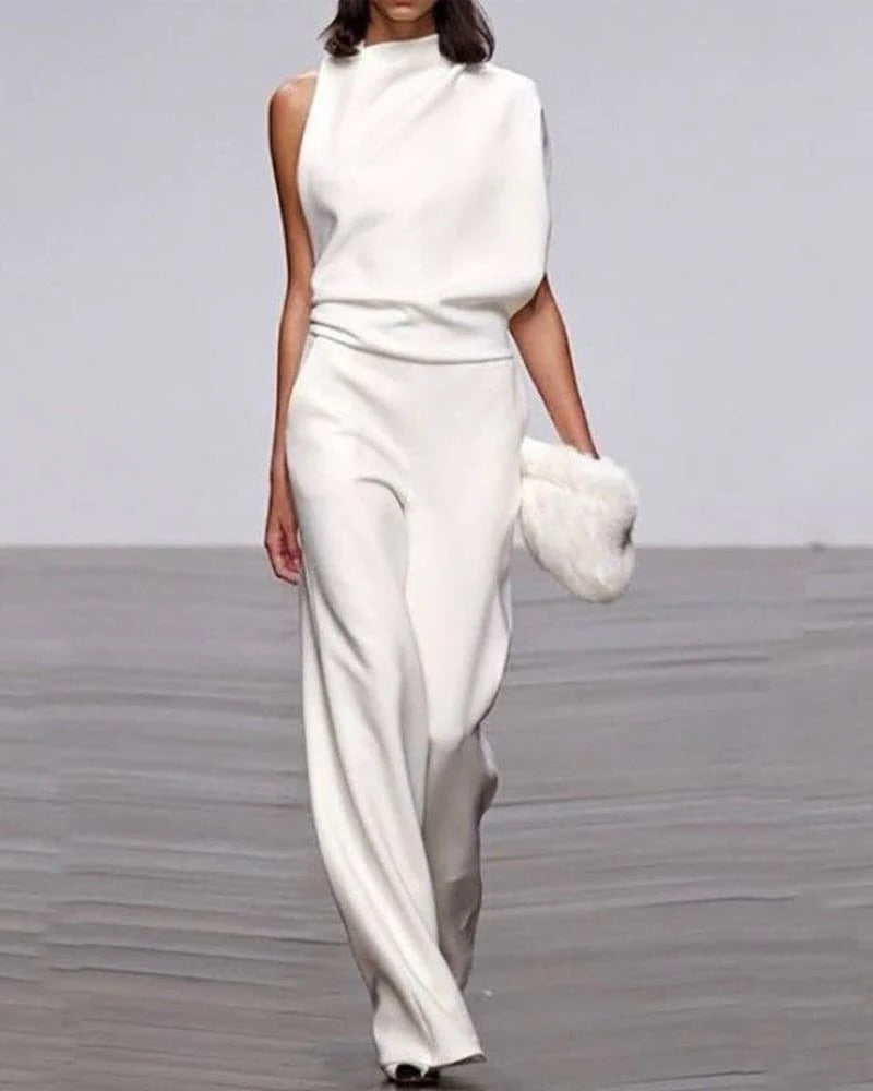 Women's Sleeveless Jumpsuit Wide Leg Mock Neck Ivory Formal - Fashinoza