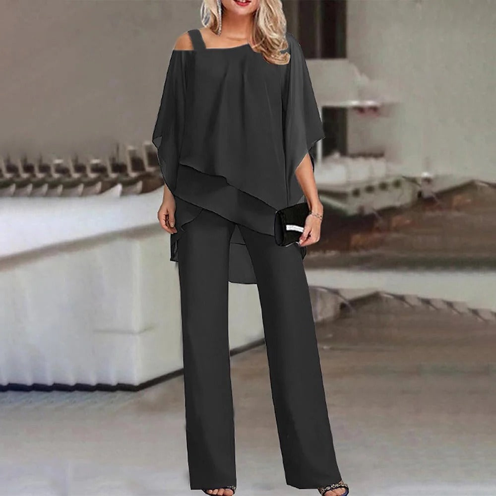 Women's Wide Leg Jumpsuit Chiffon Cold Shoulder Beige - Fashinoza