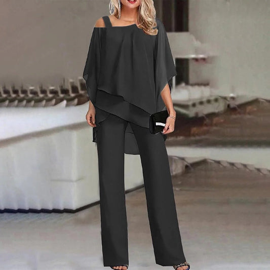 Women's Wide Leg Jumpsuit Chiffon Cold Shoulder Beige - Fashinoza