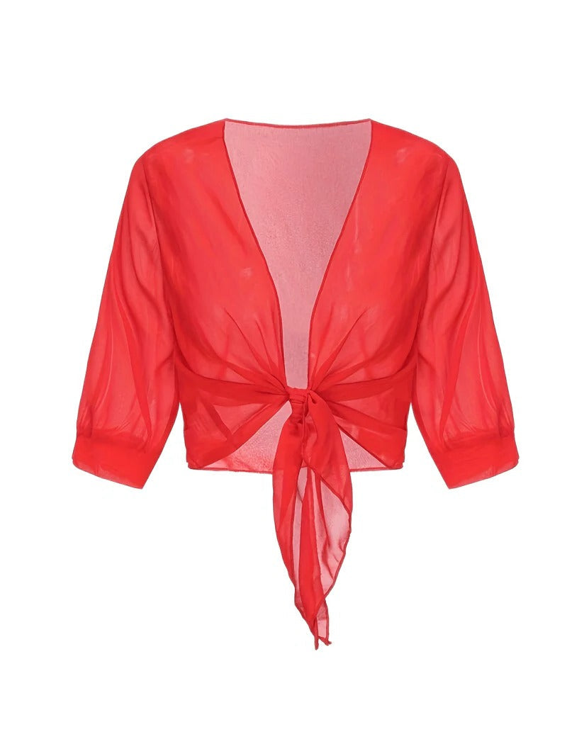 Women's Sheer Blouse 3/4 Sleeve Open Front