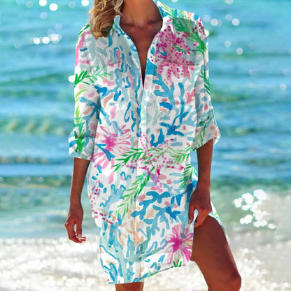 Women's Tropical Print Beach Dress 3/4 Sleeve Cover Up - Fashinoza