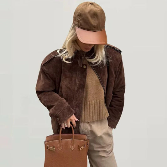 Women's Suede Jacket Comfortable Timeless Brown - Fashinoza