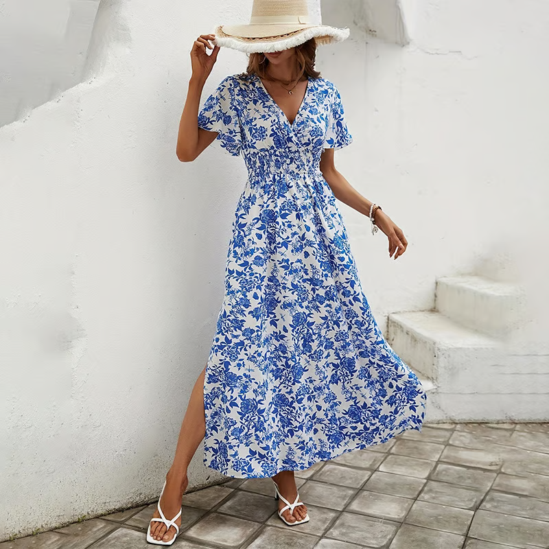 Women's V Neck Boho Flowy Beach Dress - Fashinoza
