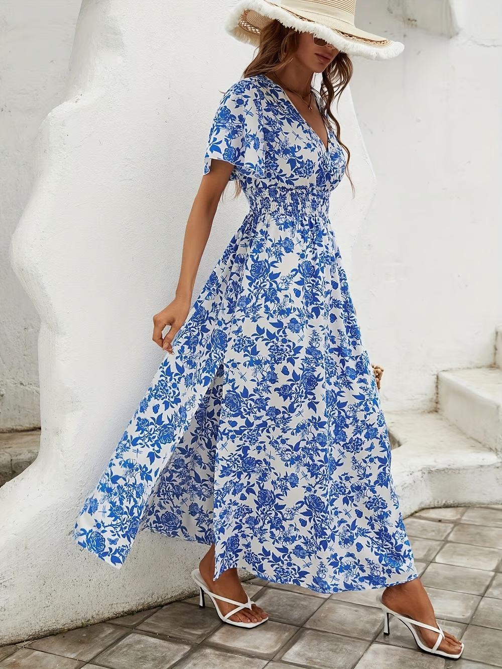 Women's V Neck Boho Flowy Beach Dress