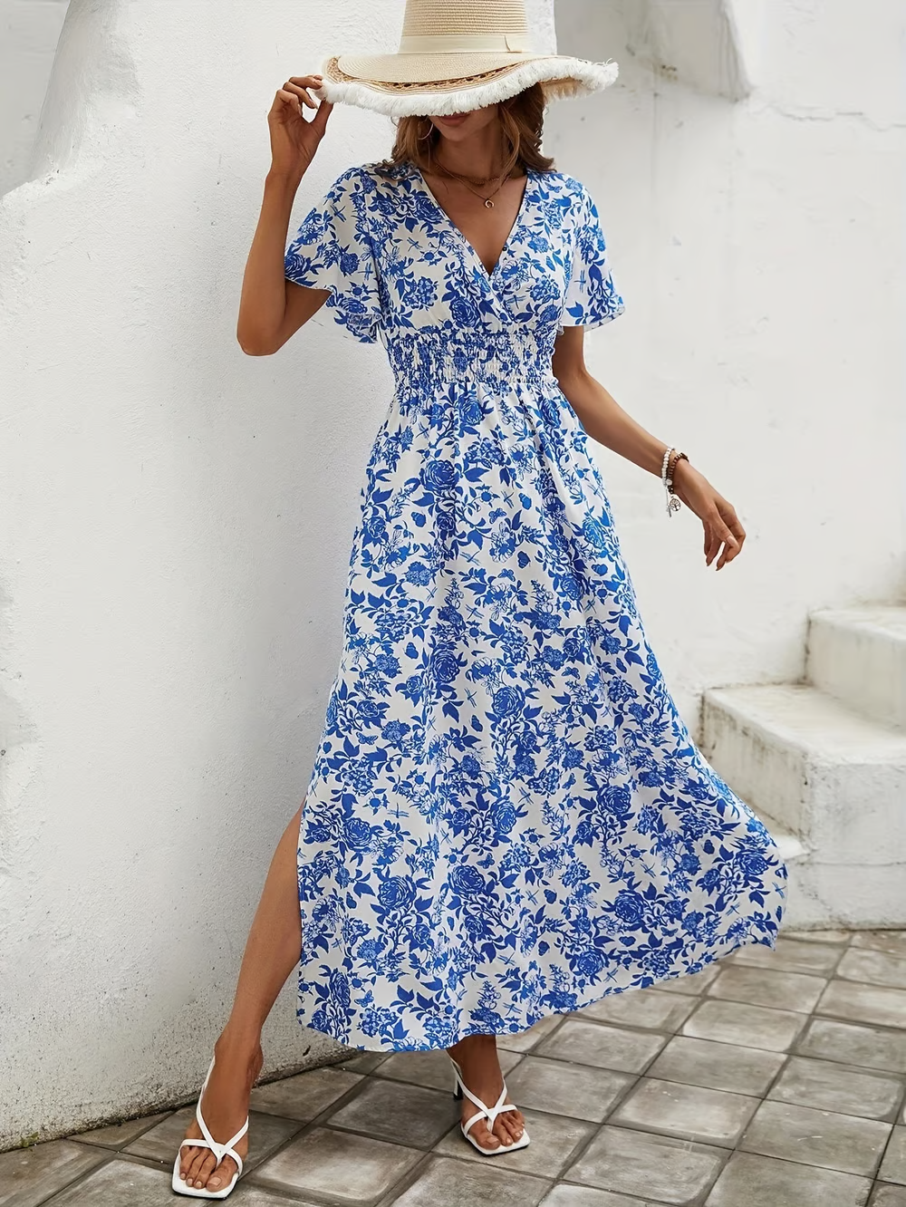Women's V Neck Boho Flowy Beach Dress