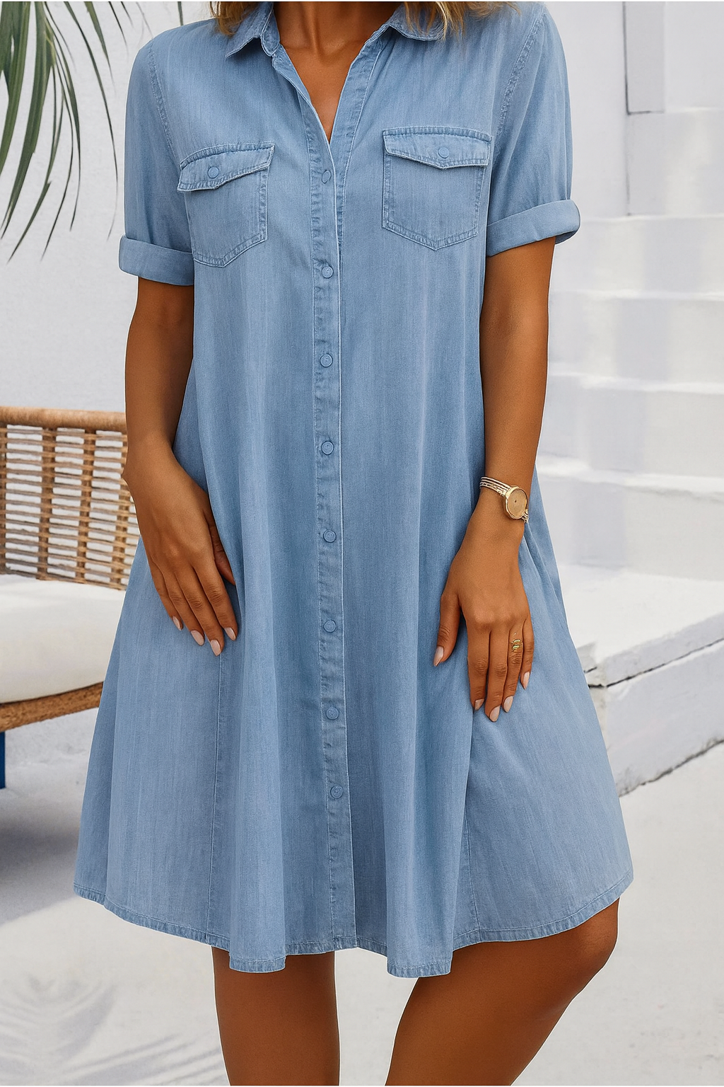 Women's Collared Dress With Front Pockets - Fashinoza