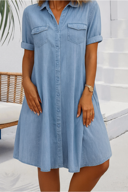 Women's Collared Dress With Front Pockets - Fashinoza