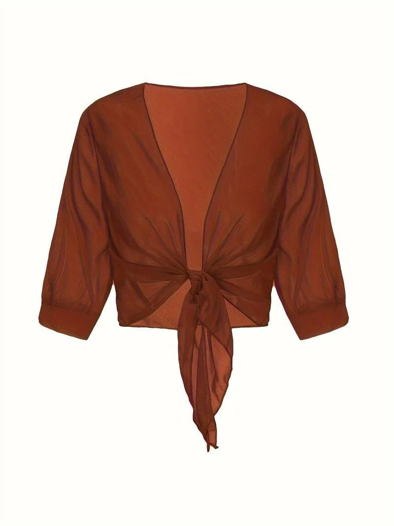 Women's Sheer Blouse 3/4 Sleeve Open Front