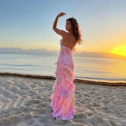 Women's Floral Maxi Dress Ruffle V-Neck Spaghetti Strap