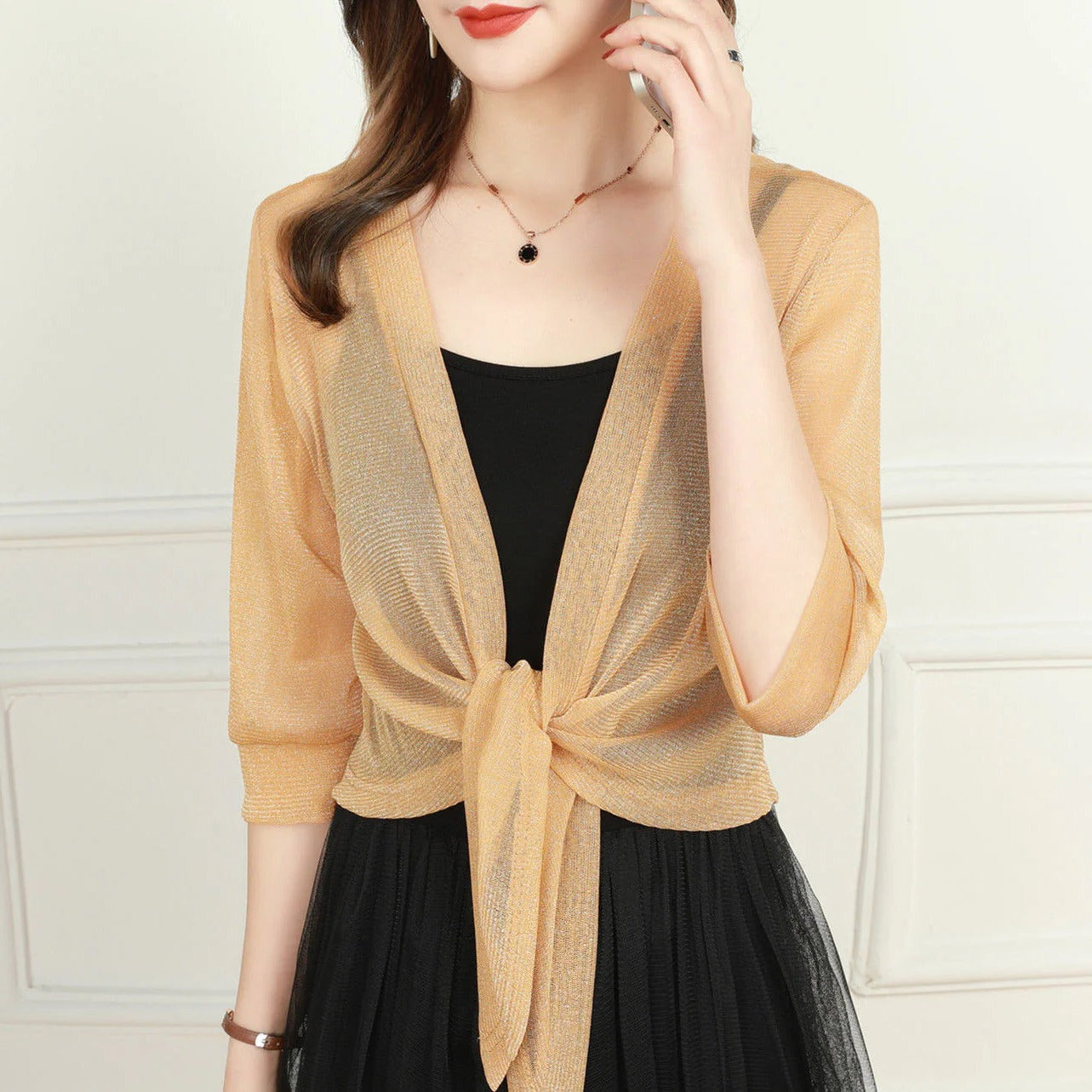 Women's Sheer Blouse 3/4 Sleeve Open Front