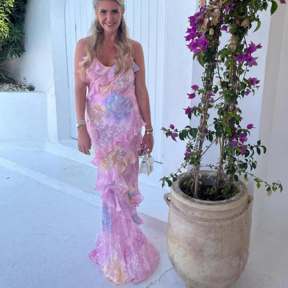 Women's Floral Maxi Dress Ruffle V-Neck Spaghetti Strap
