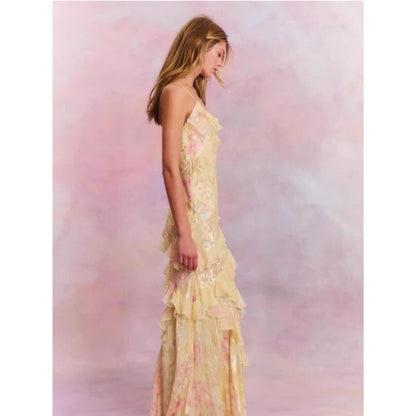 Women's Floral Maxi Dress Ruffle V-Neck Spaghetti Strap