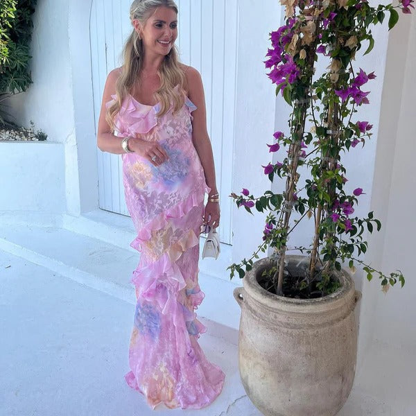 Women's Floral Maxi Dress Ruffle V-Neck Spaghetti Strap
