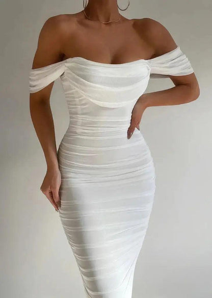 Women's Off-Shoulder Bodycon Midi Dress Draped Sleeves