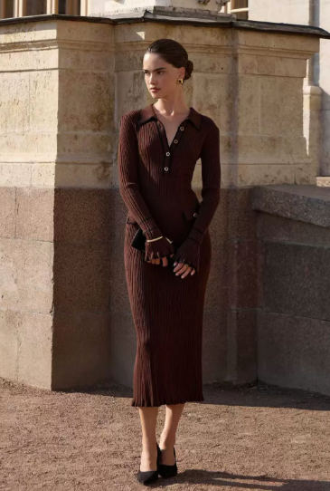 Women's Ribbed Midi Dress Polo Collar Button Detail