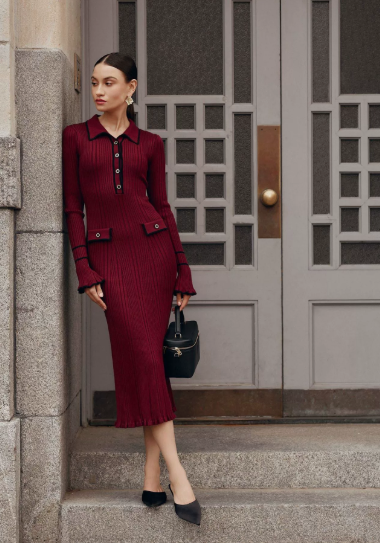 Women's Ribbed Midi Dress Polo Collar Button Detail