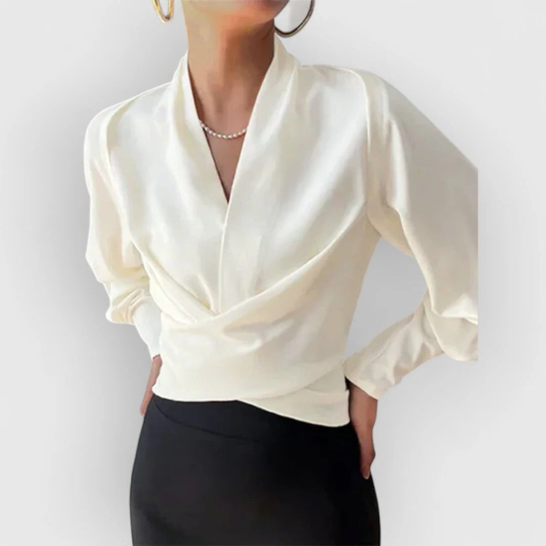 Women's Satin V-Neck Blouse Teal Long Sleeve Wrap