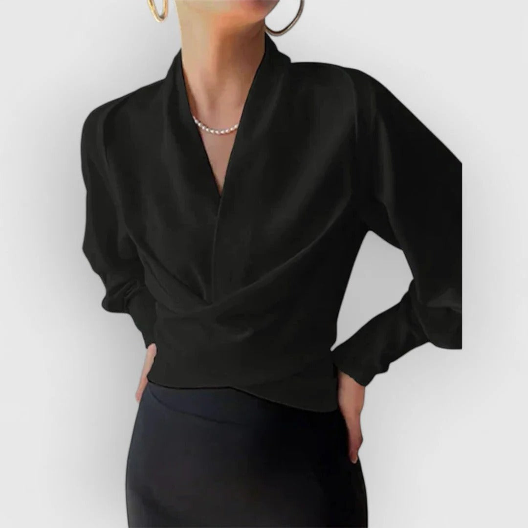 Women's Satin V-Neck Blouse Teal Long Sleeve Wrap