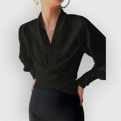 Women's Satin V-Neck Blouse Teal Long Sleeve Wrap