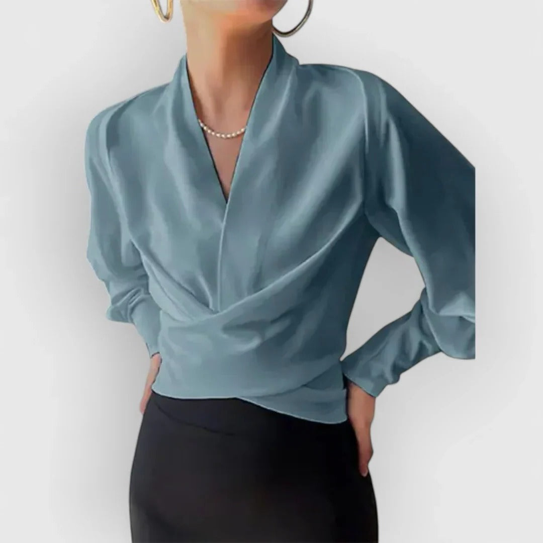 Women's Satin V-Neck Blouse Teal Long Sleeve Wrap