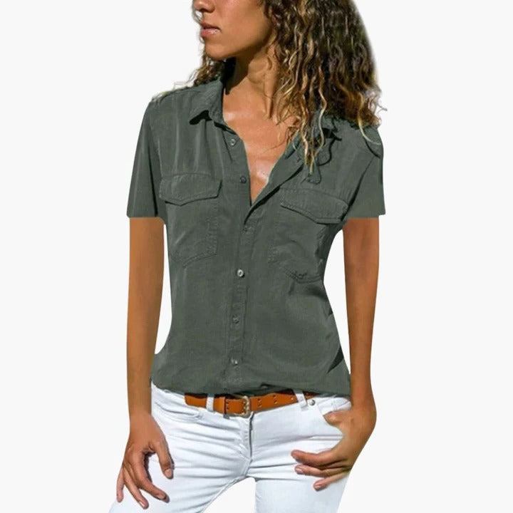 Women's Short Sleeve Button Down Collar Blouse