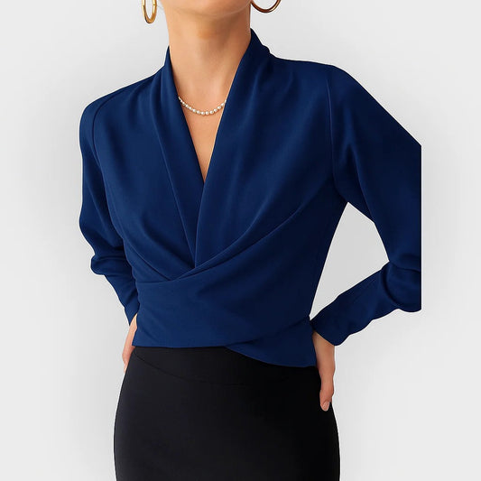 Women's Satin V-Neck Blouse Teal Long Sleeve Wrap - Fashinoza