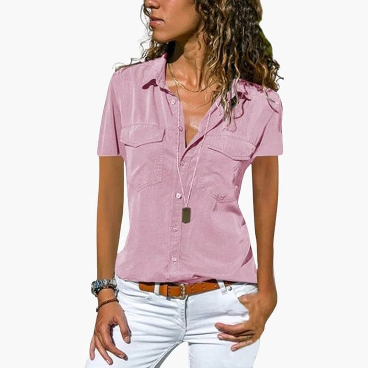 Women's Short Sleeve Button Down Collar Blouse