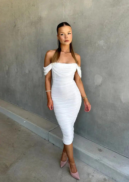 Women's Off-Shoulder Bodycon Midi Dress Draped Sleeves