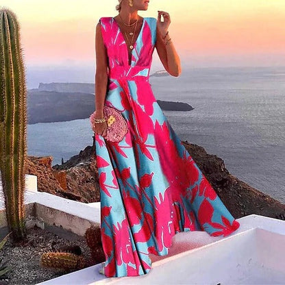 Women's Floral Maxi Dress Sleeveless Deep V-Neck - Fashinoza